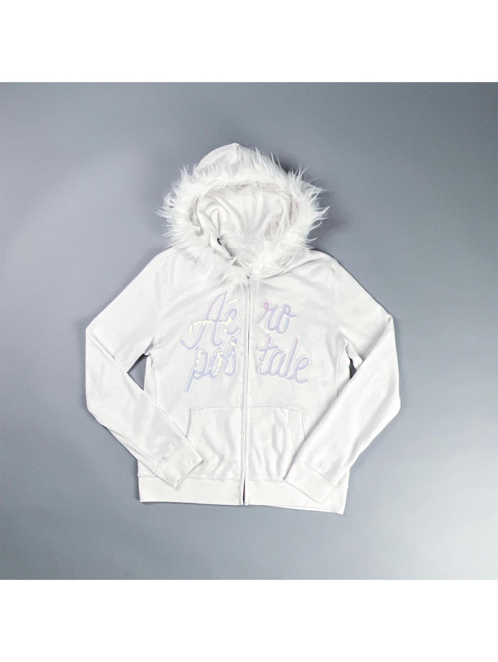 Reworked Zip Up Hoodie with White Faux Fur Trim and Metal Grommets